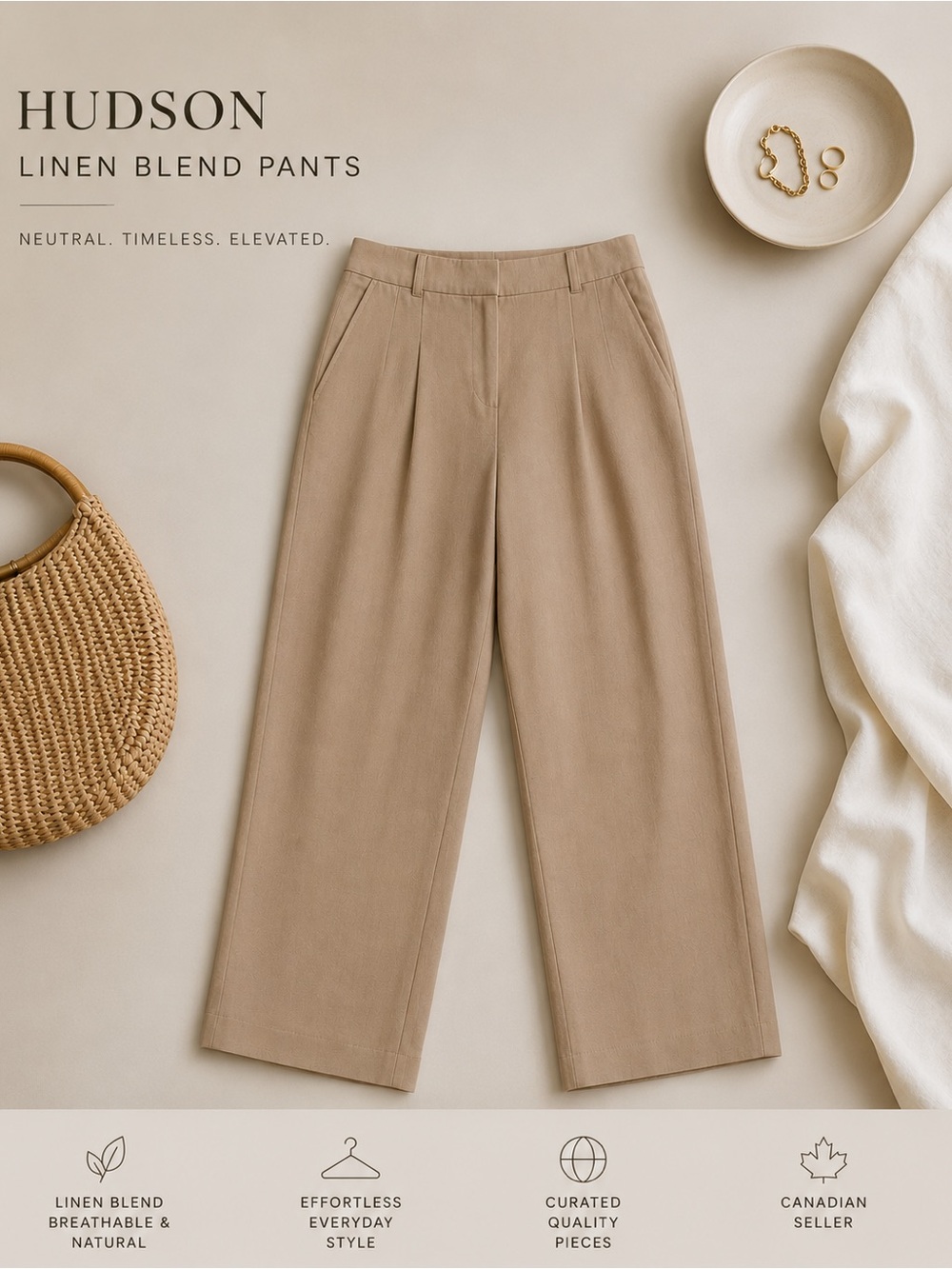 Hudson Jeans Wide-Leg Linen-Blend Pants in Taupe